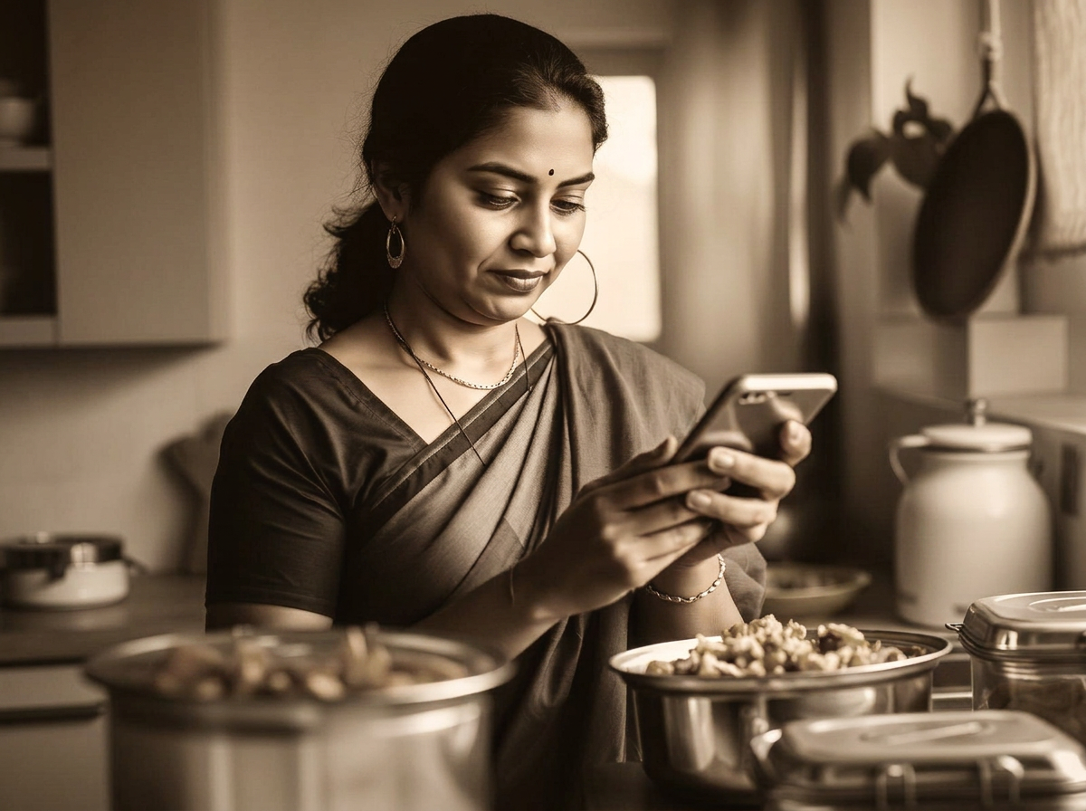 Confident Indian homemaker preparing homemade food in her kitchen while checking an incoming order on her phone — capability becoming commerce.