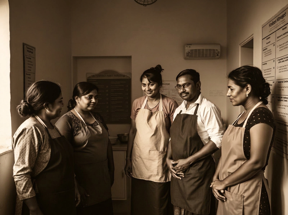 A small structured group of Indian homemakers being onboarded and trained in a community kitchen with quality guidance on the wall.
