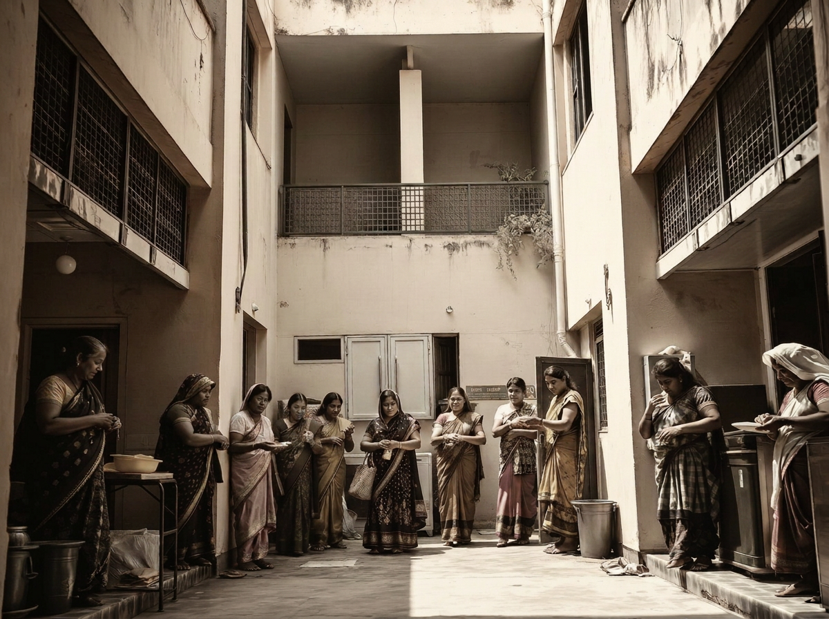 A visible community of homemaker-entrepreneurs preparing and packaging home food across multiple adjacent kitchens in a bright neighbourhood courtyard.