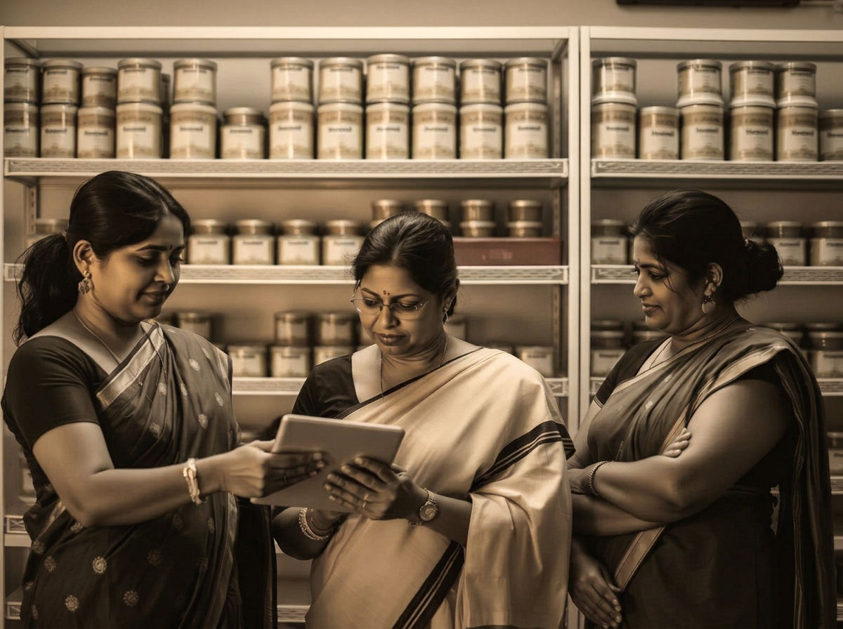 South Indian women professionals coordinating regional operations across neatly organised shelves of labeled homemade product containers.