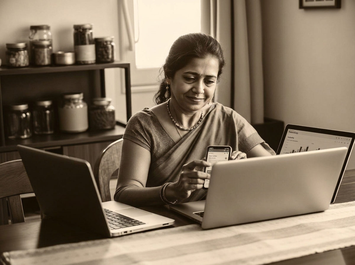 Homemaker calmly reviewing her Shero earnings and orders on a mobile dashboard beside a laptop showing simple performance charts.