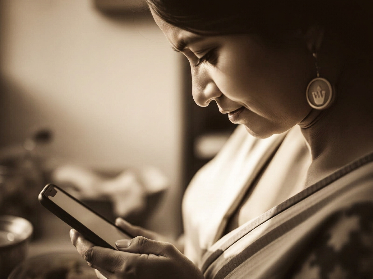 Homemaker naturally using a simple Shero mobile app on her phone at home — technology made human, practical and easy.