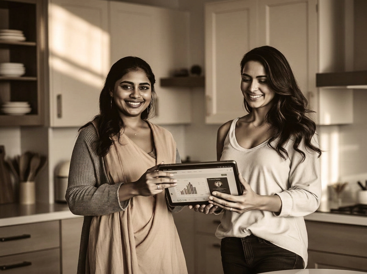 Indian and American women partners in a modern American kitchen reviewing a shared Home Commerce dashboard on a tablet.