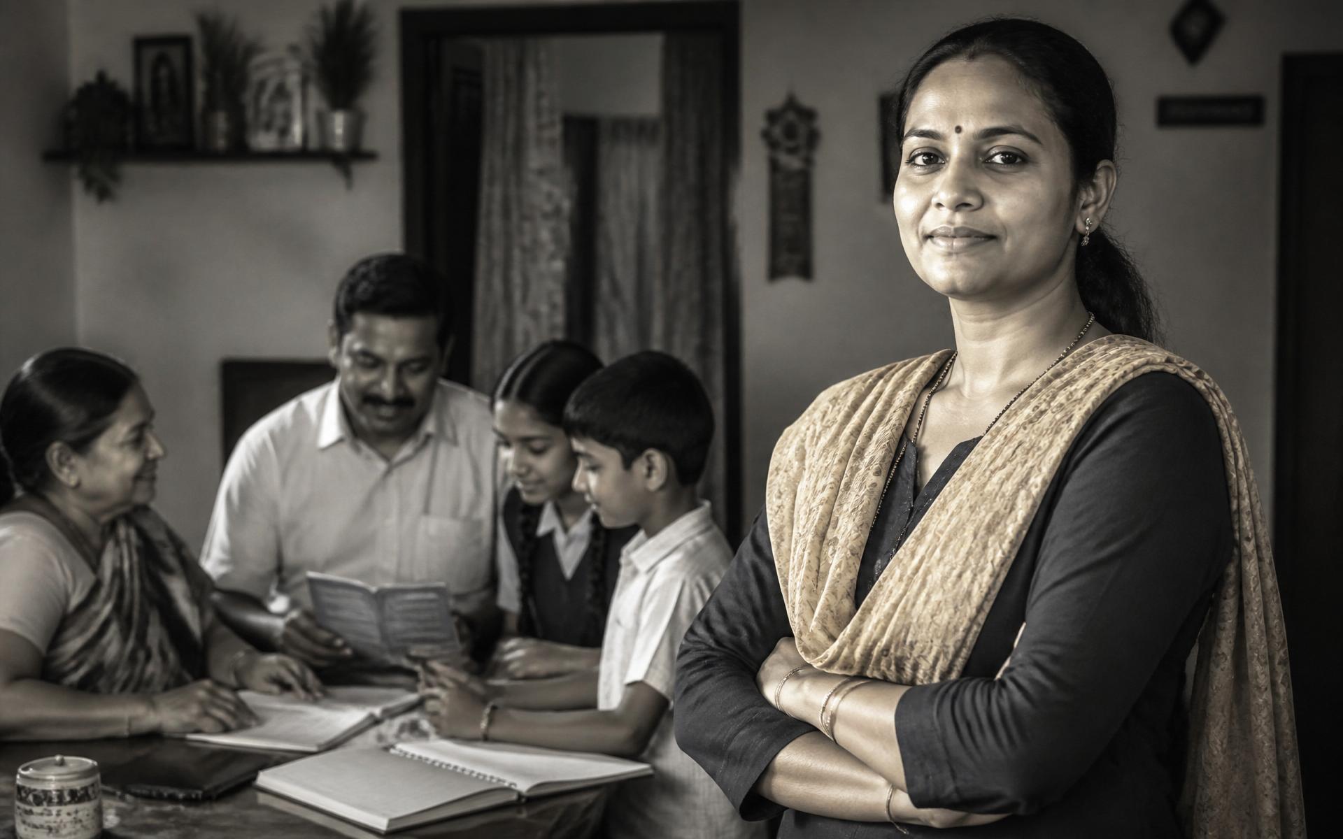 A homemaker standing confidently in the foreground while her family sits around a table behind her