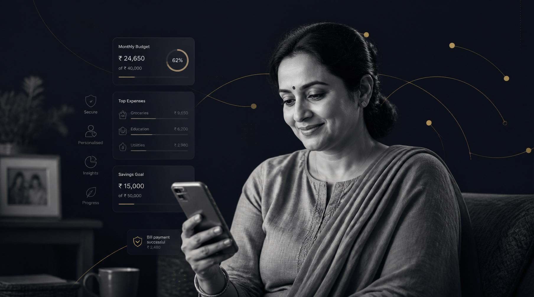 A homemaker using a simple digital experience, supported quietly by data and intelligence