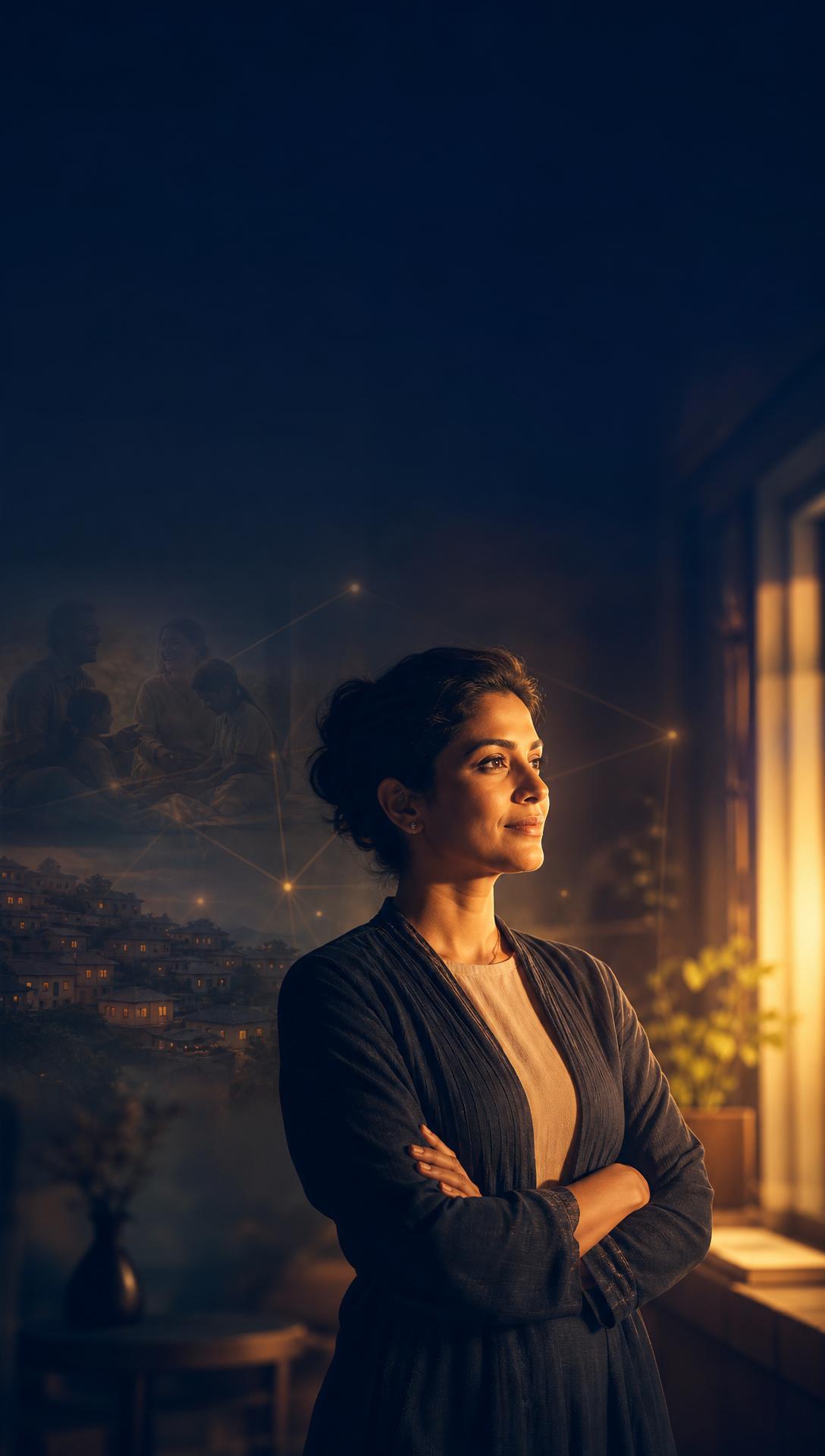 A cinematic scene of the emerging Home Commerce economy — a woman entrepreneur leading her enterprise, layered moments of packaging, artisan craft and consultation, over warm-lit homes connected by gold commerce pathways across a global map