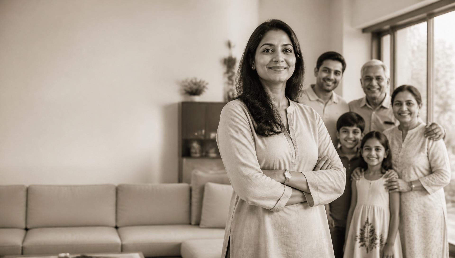 A confident homemaker standing in the foreground of her home, family behind her