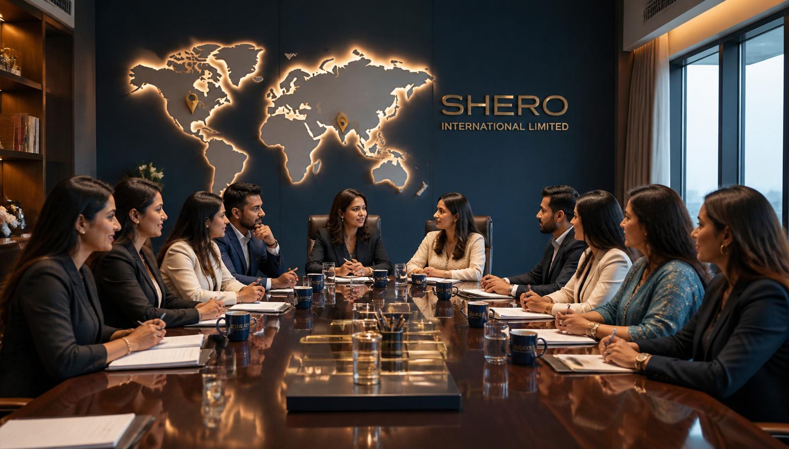 Shero leadership team — majority Indian women with Indian and Indian-American colleagues — in the Shero conference room beneath an illuminated world map