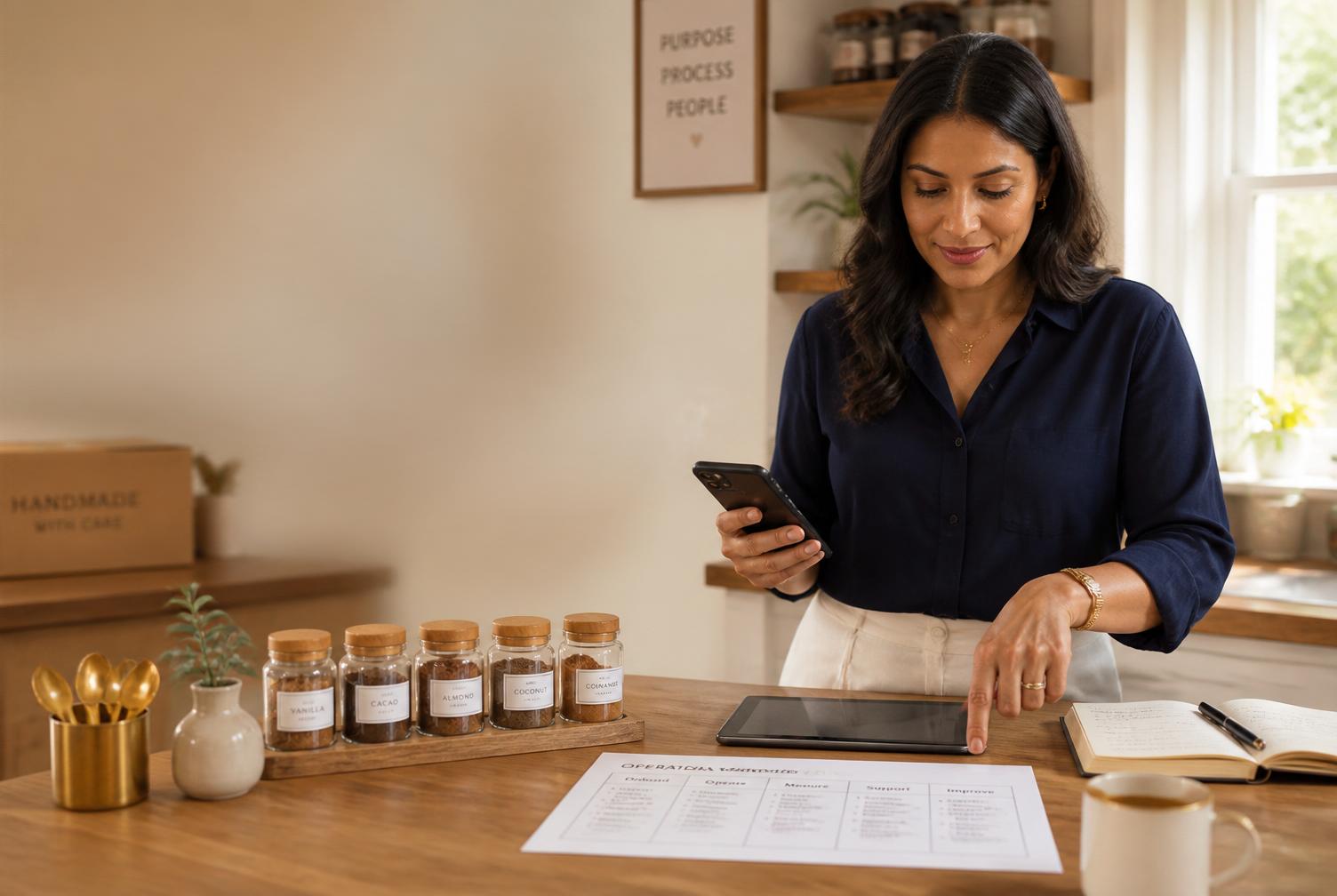 A woman running her home enterprise with a clear operating checklist, tablet and phone